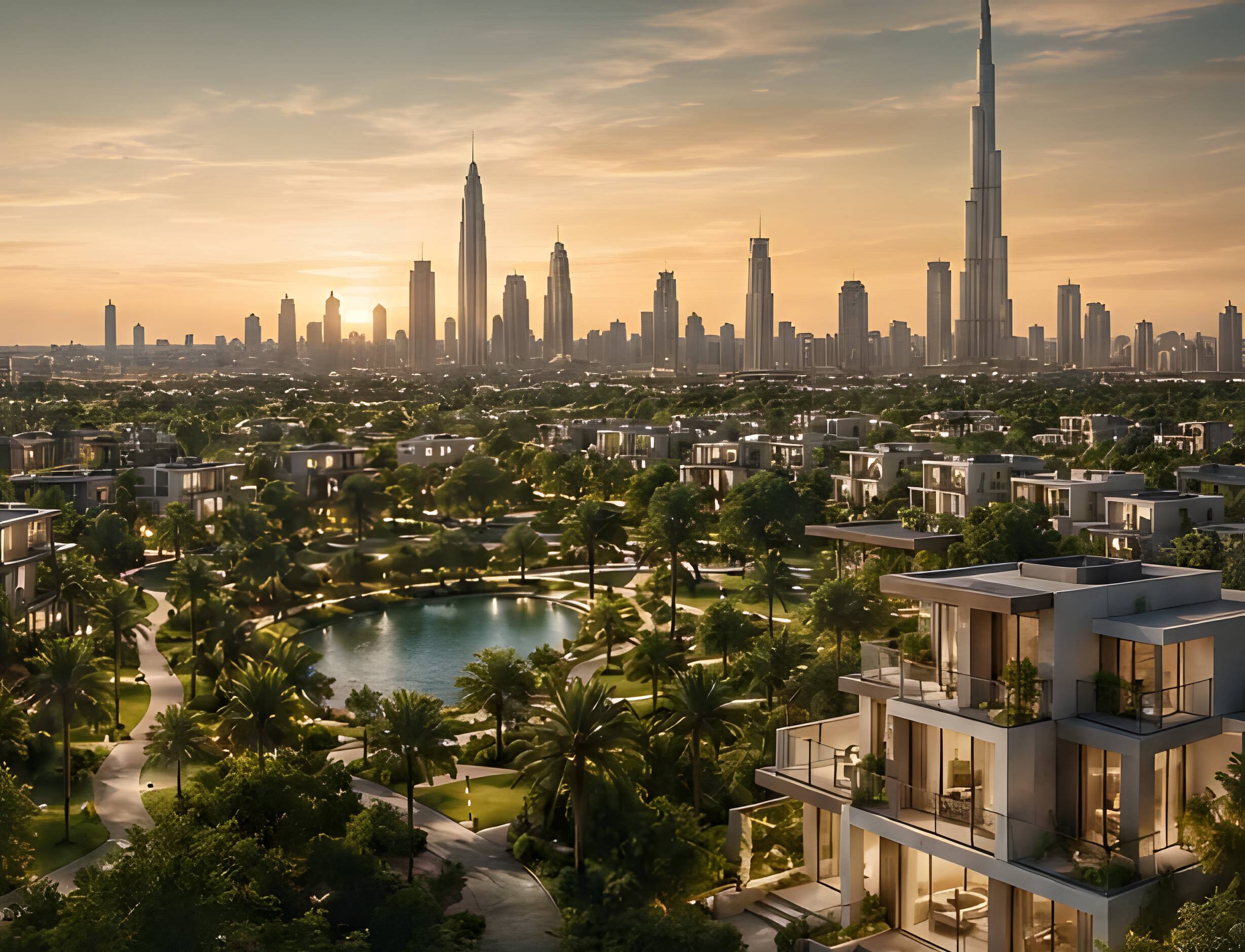 Azizi Florence Sharjah &mdash; the central park, lake and surrounding villa clusters at dusk