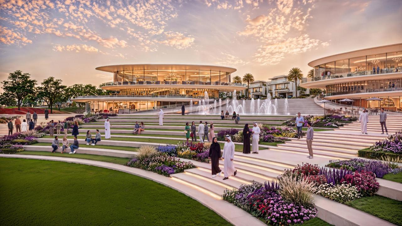 Azizi Florence Sharjah — the residents' clubhouse and amphitheatre steps at sunset