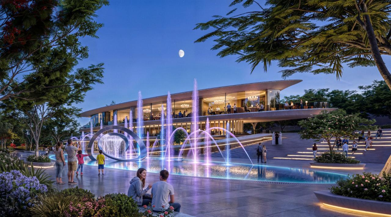 Azizi Florence Sharjah — the clubhouse and dancing fountains at night