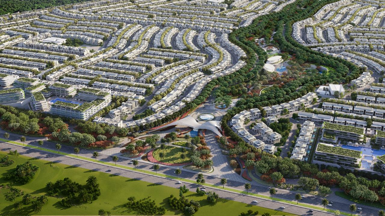 Azizi Florence Sharjah — the entrance plaza and pavilion seen from Emirates Road E311