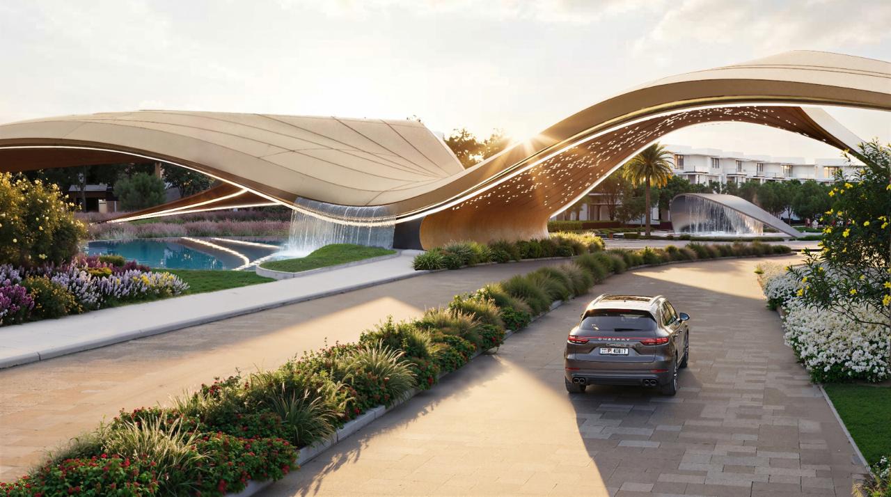 Azizi Florence Sharjah — the entrance drive and cascading water feature
