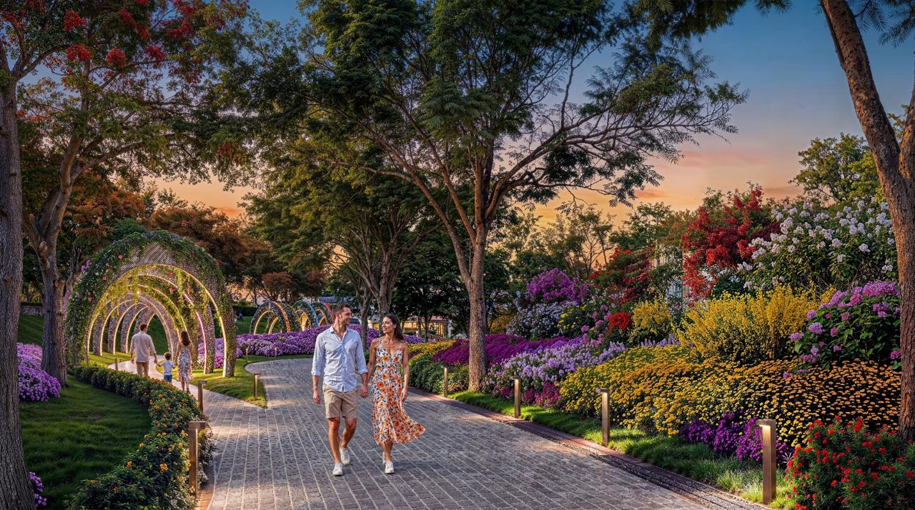 Azizi Florence Sharjah — the floral archway walk at sunset
