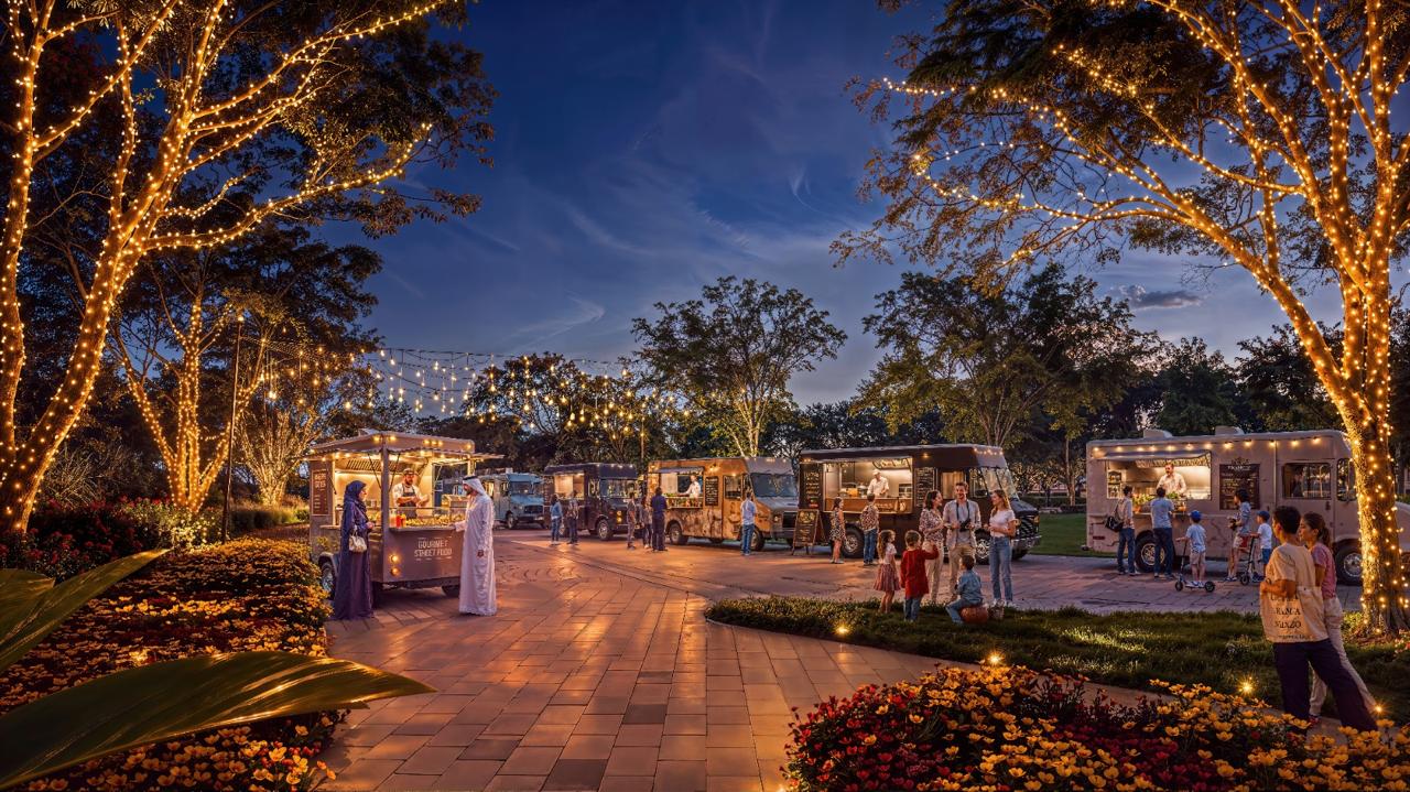 Azizi Florence Sharjah — the food truck park under festoon lighting