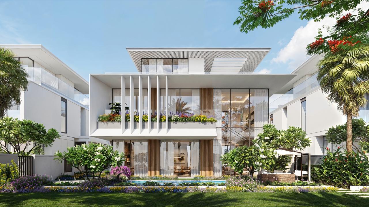 Azizi Florence Sharjah — the rear elevation of a park-facing villa