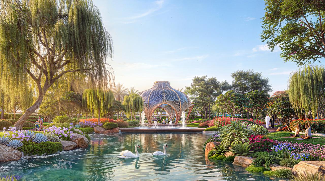 Azizi Florence Sharjah — the park lake and pavilion fountain