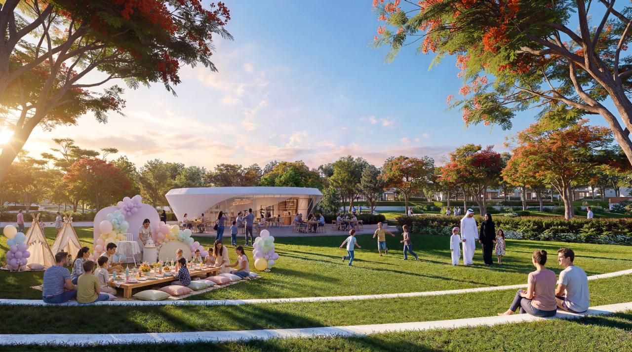 Azizi Florence Sharjah — the park lawn set for events, with the pavilion cafe beyond