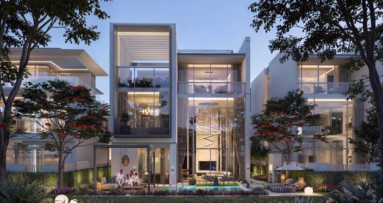 Azizi Florence Sharjah — a six-bedroom villa and private garden at dusk