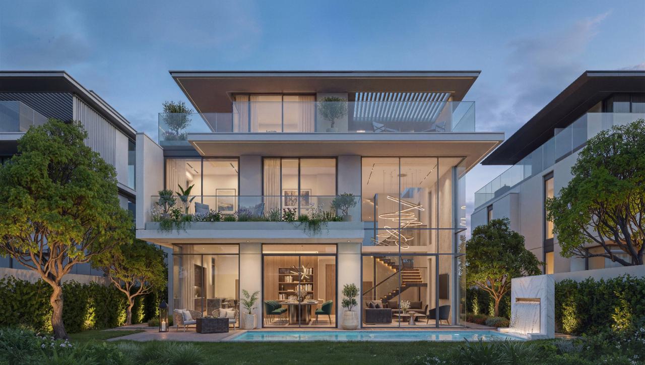 Azizi Florence Sharjah — a signature villa garden elevation at dusk