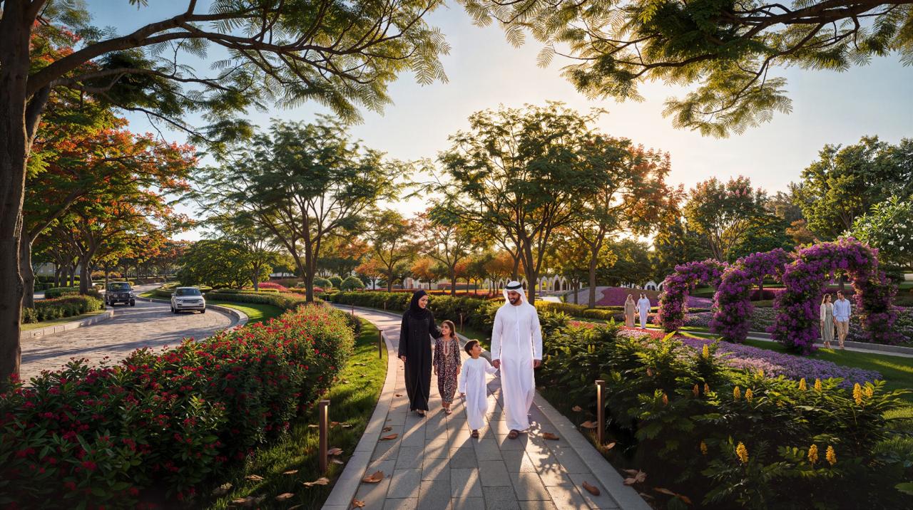 Azizi Florence Sharjah — a tree-lined promenade through the community