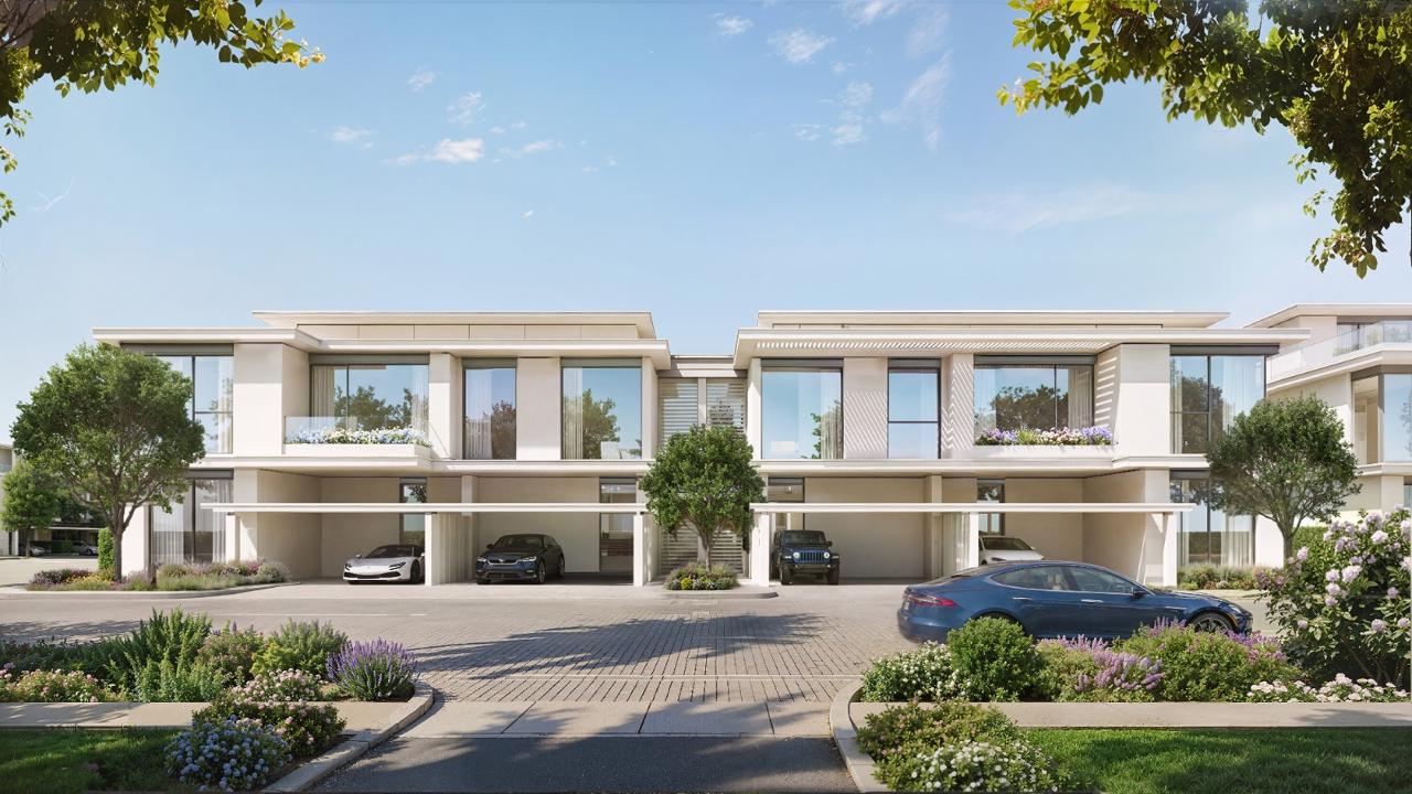 Azizi Florence Sharjah — a twin townhouse frontage with covered parking