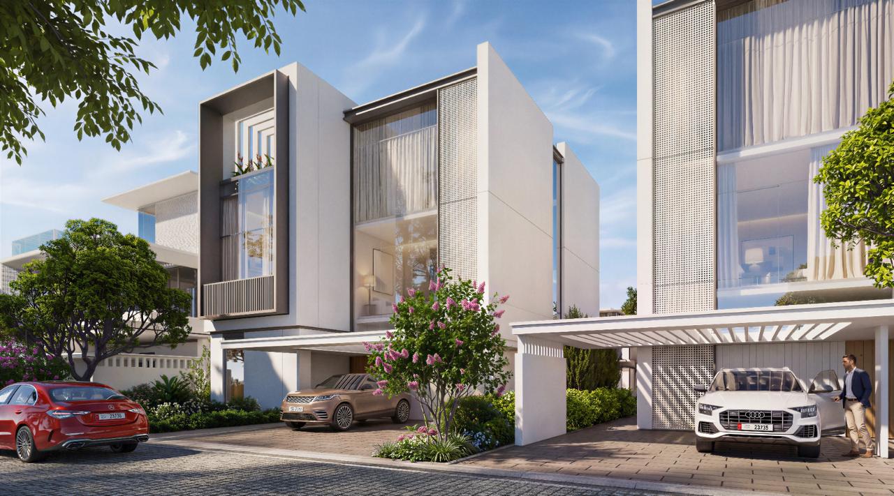 Azizi Florence Sharjah — a corner villa elevation with mesh screens