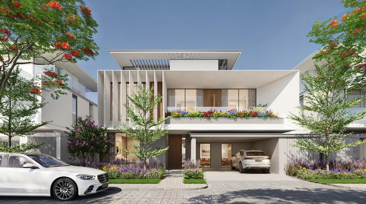 Azizi Florence Sharjah — a villa front elevation with vertical fin facade