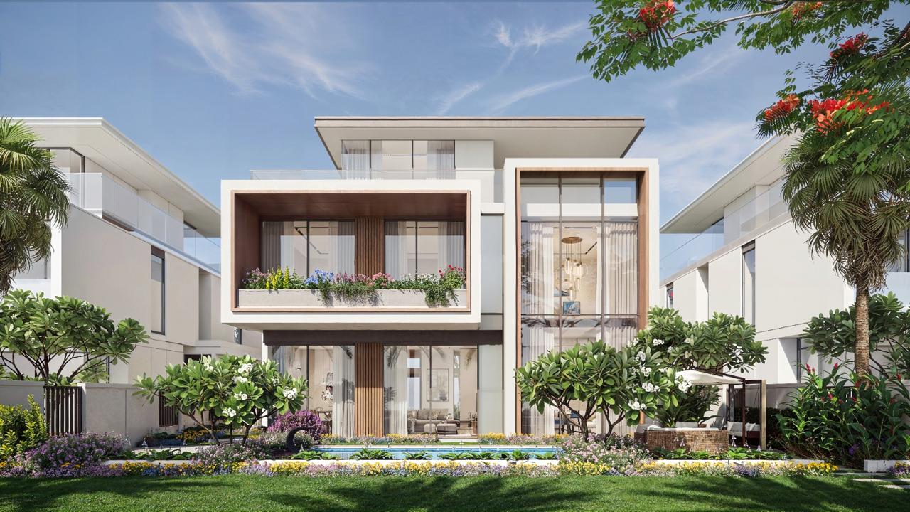 Azizi Florence Sharjah — a villa garden elevation in timber and glass