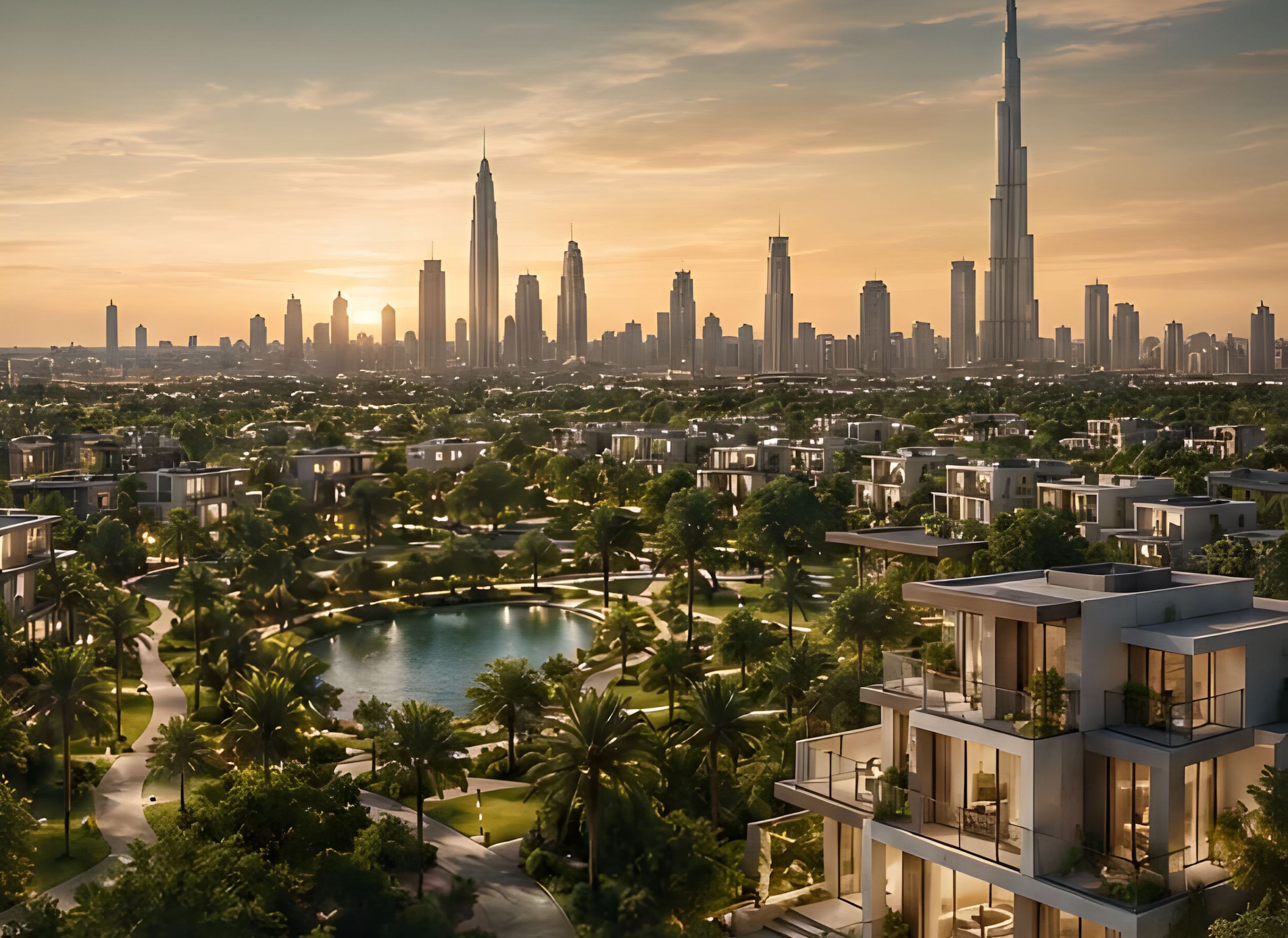 Azizi Florence Sharjah &mdash; artist's impression of park-facing villas and townhouses set around the central park